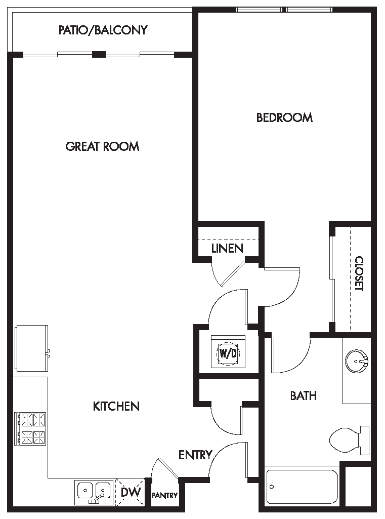 Floor plan for 1 bed, 1 bath, 748 sqft